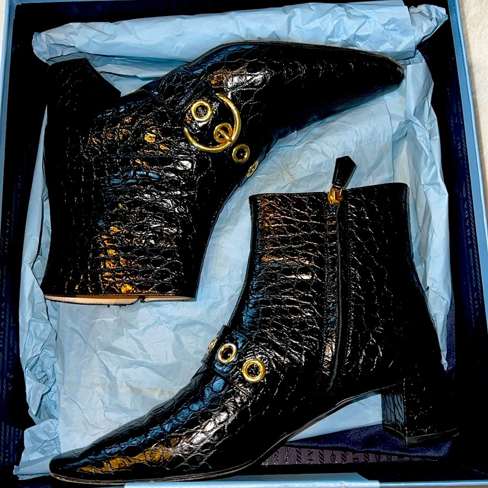 Prada crocodile ankle boots with brass buckle 38.5 EU
